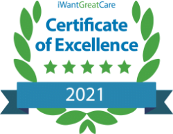 A certificate of excellence with green leaves and stars.